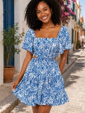 Joress Blue White Floral Paisley Cutout Mini Dress Flutter Bell Sleeve Size 4